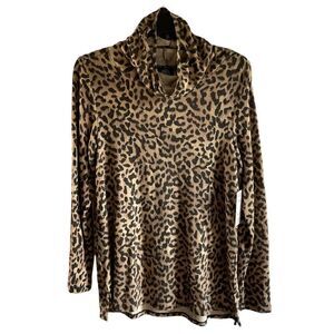 Bobeau Top Cowl Neck Built In Face Cover Black Tan Taupe Animal Print Small